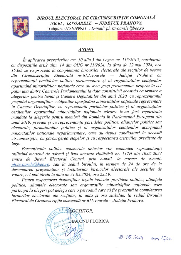 Anunt 21.05.2024 Izvoarele