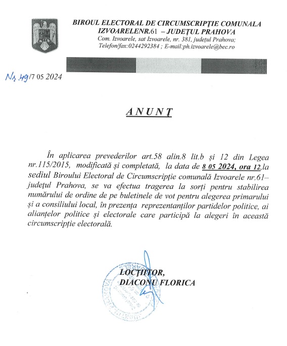 Anunt BEC Izvoarele 07.05.2024