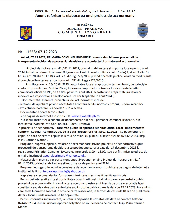 Anunt PH taxe si impozite Izvoarele 2023