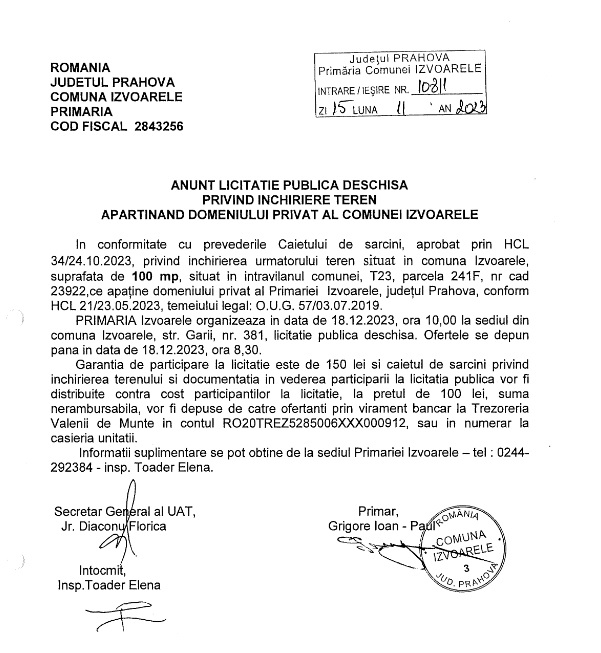 Anunt public 15.11.2023 Izvoarele
