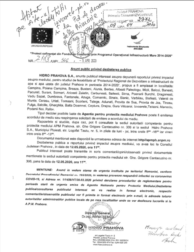 Anunt Izvoarele Hidro Prahova