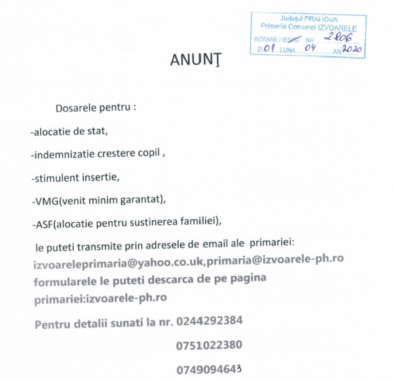 Anunt Izvoarele